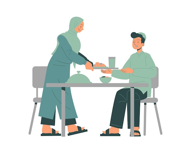 Mujer musulmana sirviendo comida a un hombre en la mesa ilustración vectorial plana aislada