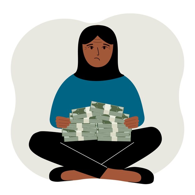Vector una mujer musulmana tiene fajos de dinero en efectivo o billetes en sus manos. exitosa ilustración del concepto de negocios y finanzas en estilo plano.