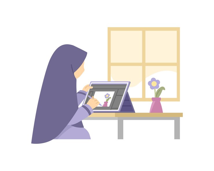 Vector mujer musulmana trabaja como diseñadora gráfica de ilustraciones