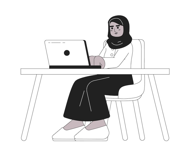 Vector mujer musulmana trabajando desde casa ilustración plana de dibujos animados en blanco y negro