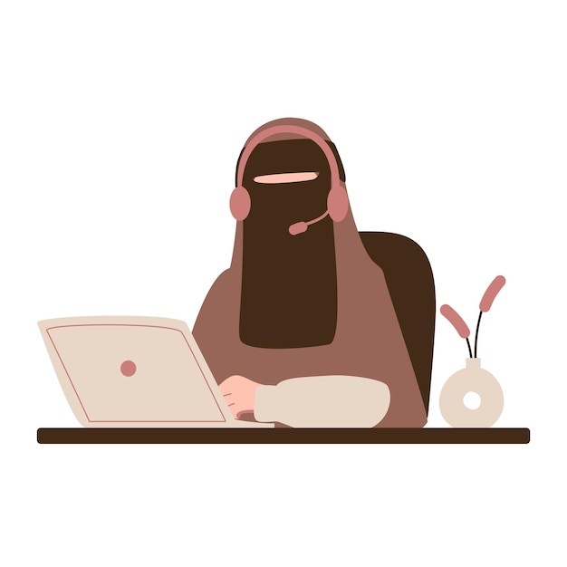 Mujer musulmana trabajando en equipo portátil
