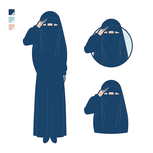 Vector una mujer musulmana vistiendo un niqab con imágenes de saludo