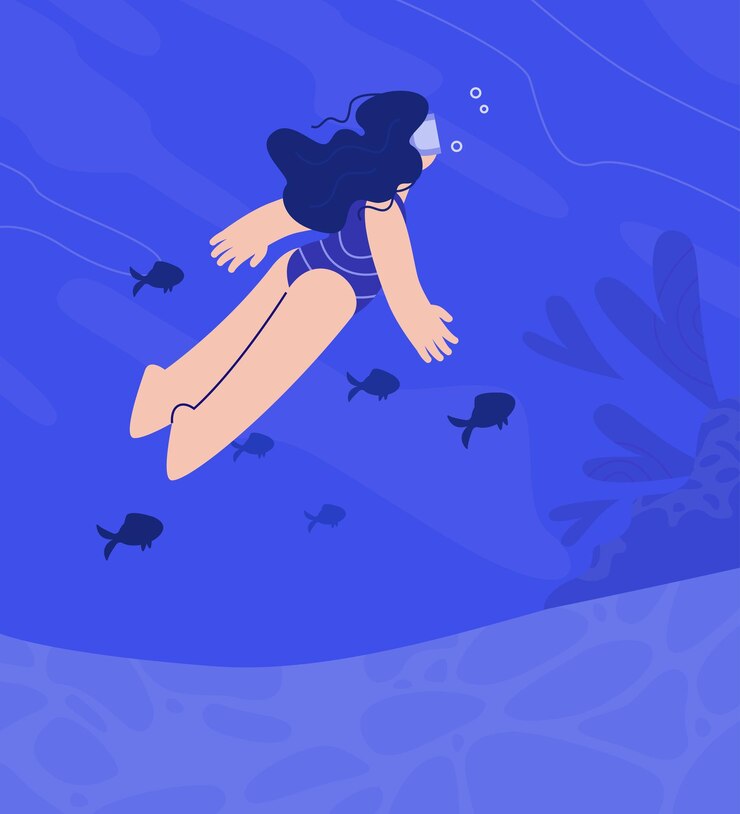 Vector mujer nada bajo el agua disfrutando de la belleza del fondo del océano y los peces