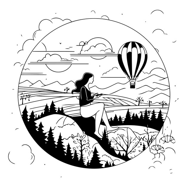 Vector mujer en la naturaleza con globo de aire caliente y paisaje de montañas