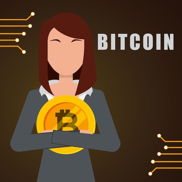 Vector mujer de negocios abrazo ilustración de vector de bitcoin de oro