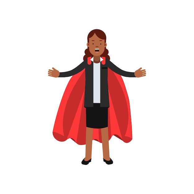 Mujer de negocios africana joven en chaqueta negra y falda clásica con capa de superhéroe roja Personaje de dama de dibujos animados con los brazos abiertos Concepto de carrera y liderazgo Ilustración de vector plano aislado