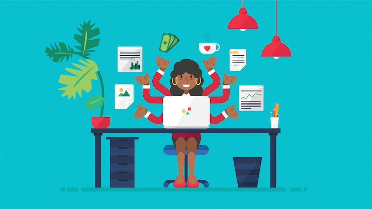 Vector mujer de negocios africanos con muchas manos ocupadas trabajando