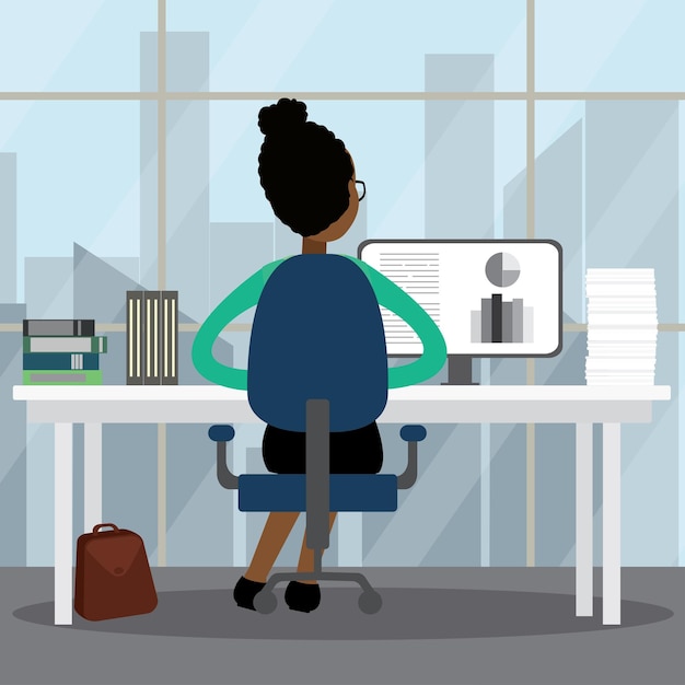 Mujer de negocios afroamericana en el lugar de trabajo en el empleado de oficina ilustración vectorial de vista trasera