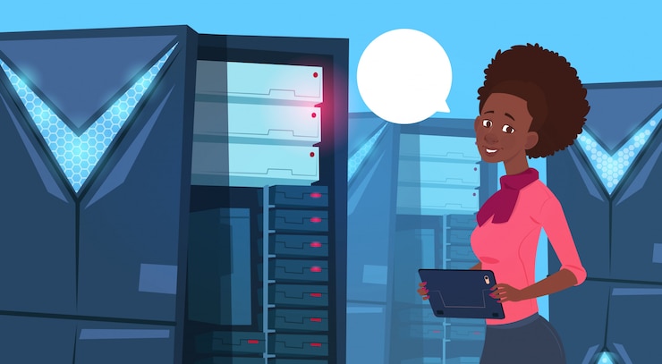 Vector mujer de negocios afroamericana que trabaja en una tableta digital en el moderno centro de base de datos o sala de servidores b