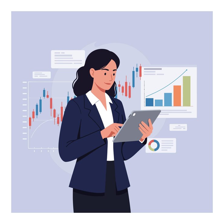 Vector mujer de negocios analizando datos de mercado con una tableta en una ilustración vectorial plana de oficina moderna