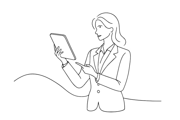 mujer de negocios analizando datos en su tablet y levantando su dedo índice una línea continua