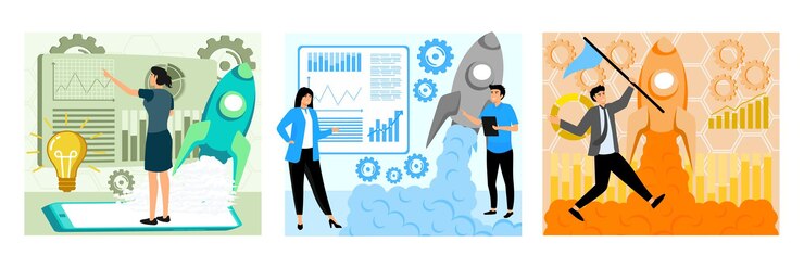 Vector mujer de negocios analizando la estrategia de crecimiento de datos con el lanzamiento de cohetes hombre de negocios decidido