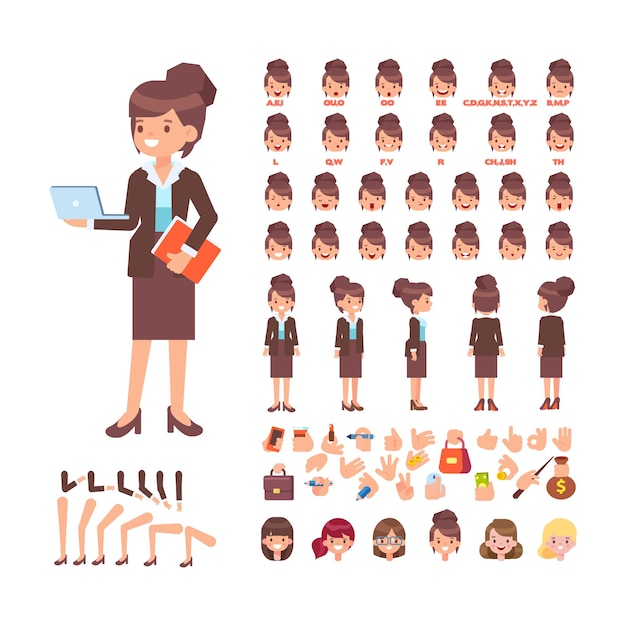 Mujer de negocios para animación Varios peinados emociones y gestos vector plano