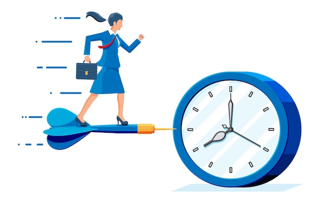 Mujer de negocios apunta flecha de dardo al objetivo de los relojes
