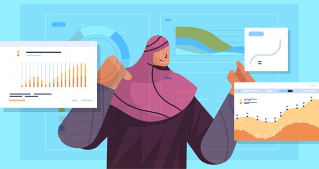 mujer de negocios árabe analizar estadísticas financieras tablas y gráficos análisis de datos planificación estrategia de la empresa concepto retrato horizontal ilustración vectorial