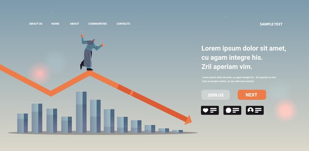 Mujer de negocios árabe de pie en la flecha roja hacia abajo recesión crisis financiera concepto de bancarrota espacio de copia horizontal ilustración vectorial de longitud completa