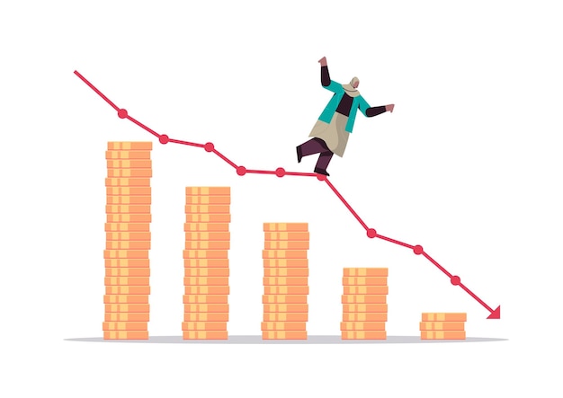 mujer de negocios árabe de pie en la recesión de flecha roja hacia abajo crisis financiera concepto de bancarrota ilustración de vector de longitud completa horizontal