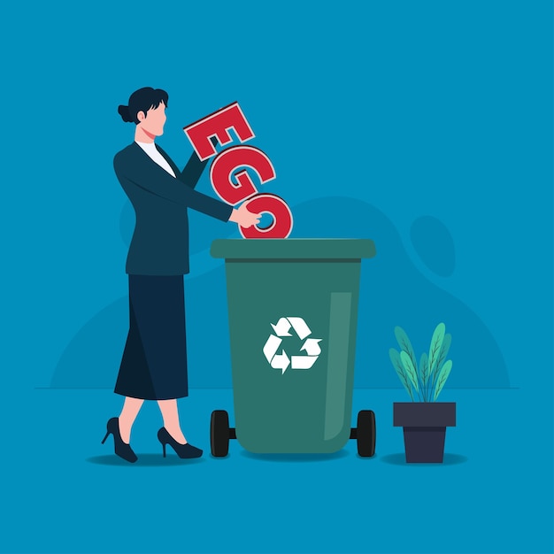 Vector mujer de negocios arroja el ego en la basura diseño ilustración vectorial