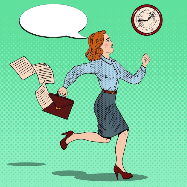 Mujer de negocios de arte pop con maletín corriendo al trabajo.