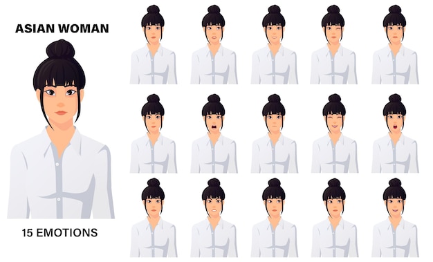 Mujer de negocios asiática 15 emociones y expresiones faciales set premium vector