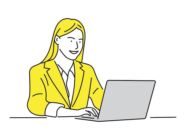 Mujer de negocios asiática que usa una computadora portátil para hacer trabajo de finanzas en el arte de línea de escritorio de oficina.