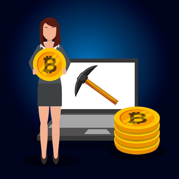 Vector mujer de negocios bitcoin laptop pickaxe transacción