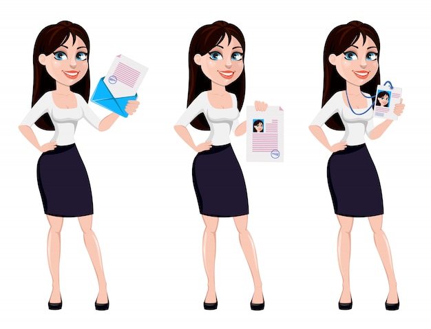 Mujer de negocios con cabello castaño, personaje de dibujos animados