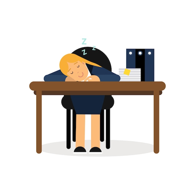 Vector mujer de negocios cansada durmiendo en el escritorio de la oficina, trabajador exhausto relajante ilustración vectorial de dibujos animados aislada en un fondo blanco