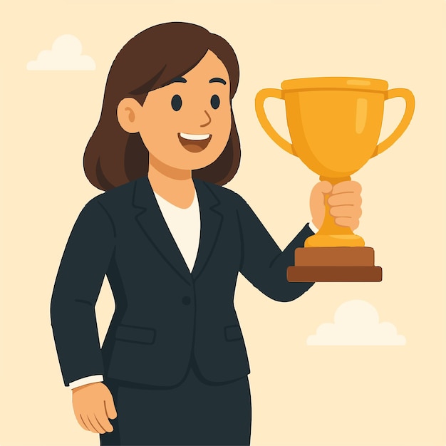Mujer de negocios celebrando el éxito con un trofeo