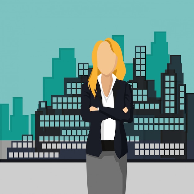 Vector mujer de negocios con la ciudad en la imagen de fondo