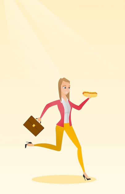 Mujer de negocios, comida, perro caliente