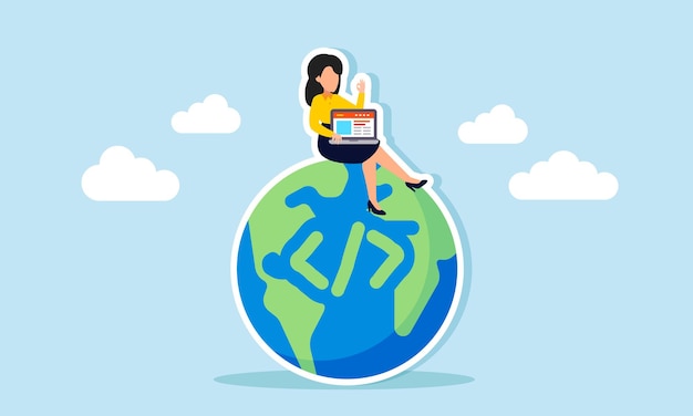 Una mujer de negocios con una computadora portátil se sienta en un globo etiquetado con una ilustración de un signo de programación de la creación de sistemas de programación para escala de negocios global o internacional