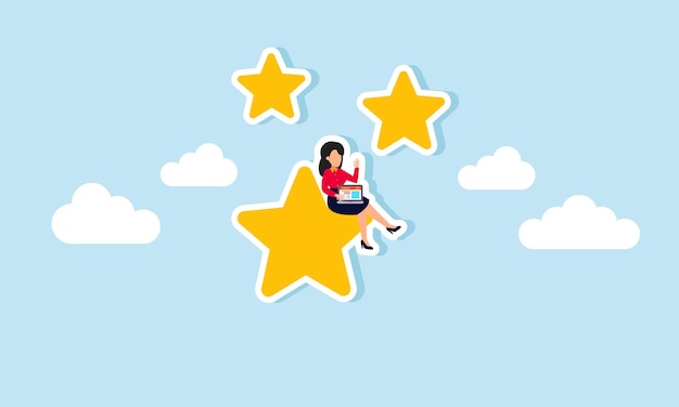 Una mujer de negocios con una computadora portátil se sienta en una ilustración de estrellas de diseño y análisis de un negocio para lograr y mejorar las calificaciones de calidad del negocio