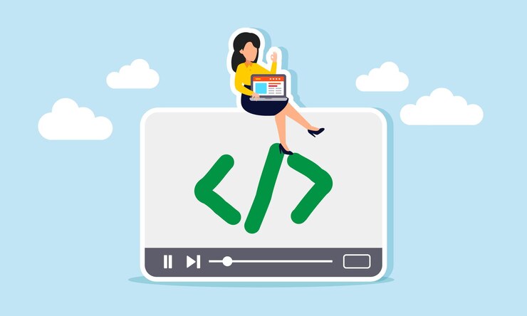 Vector una mujer de negocios con una computadora portátil se sienta en un reproductor multimedia etiquetado con una ilustración de un letrero de programación de la creación de programación para medios promocionales para hacer crecer un negocio