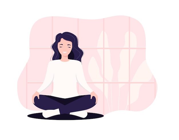 Mujer de negocios de concepto de ilustración vectorial practicando yoga y meditación en la oficina la niña se sienta en la posición de loto el proceso de pensamiento el inicio y la búsqueda de ideas gestión del tiempo