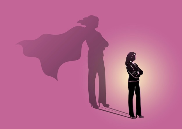 Mujer de negocios con un concepto de motivación de liderazgo de sombra de superhéroe ilustración vectorial