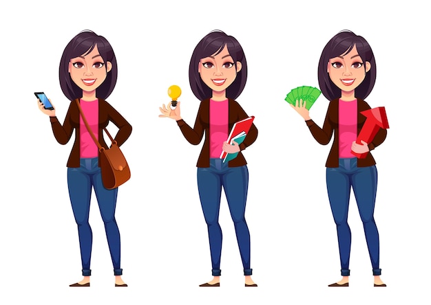 Mujer de negocios, conjunto de tres poses. Hermosa mujer de negocios
