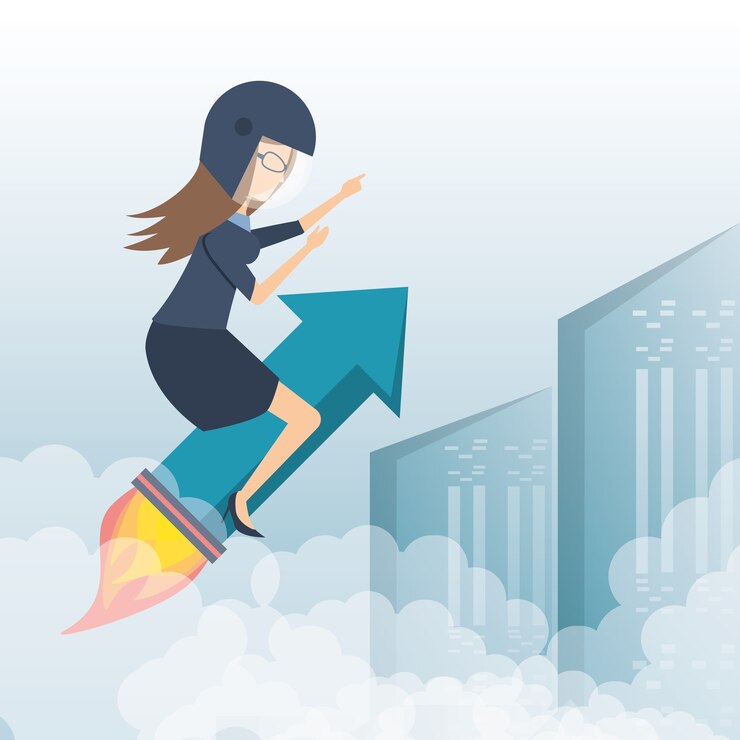 Vector mujer de negocios corriendo hacia la meta