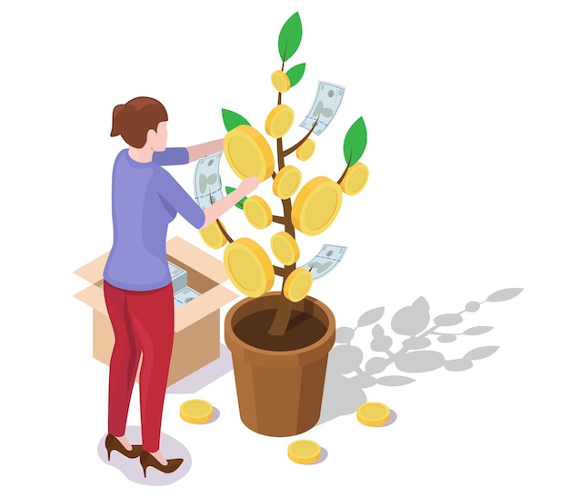 Mujer de negocios cultivando un árbol de dinero colgando monedas de dólar y billetes