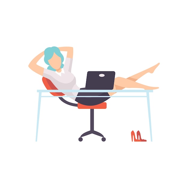Vector mujer de negocios descansando en la computadora en la oficina mujer joven sentada en una silla y doblando las piernas en la mesa carácter de empleado de negocios rutina diaria ilustración vectorial sobre fondo blanco