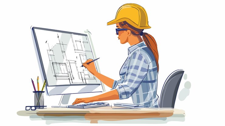 Vector mujer de negocios dibujando bocetos de un sitio de construcción