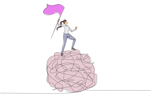 Una mujer de negocios de dibujo continuo de una línea de pie en un reloj de arena gigante sosteniendo una ilustración de bandera
