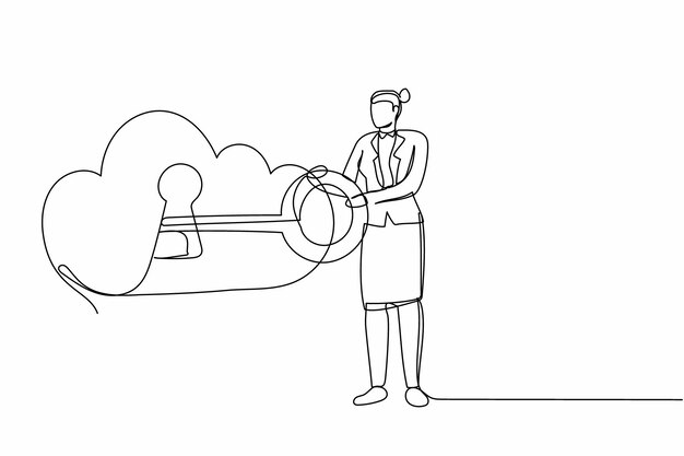 Una mujer de negocios de dibujo continuo puso una llave en la nube sistema de almacenamiento de nube digital