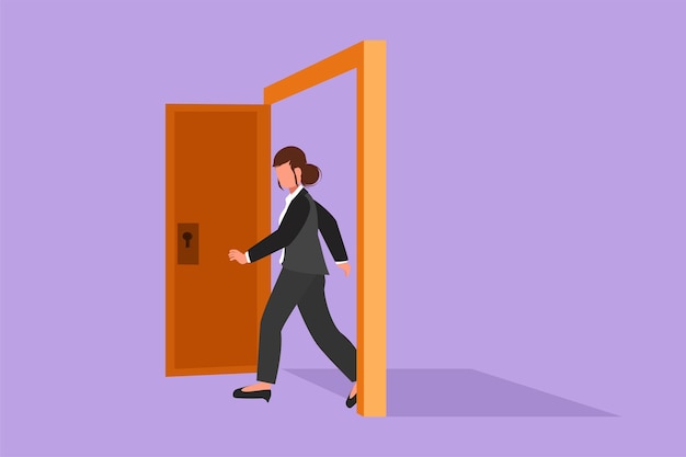 Mujer de negocios de dibujo de estilo plano de dibujos animados caminando a través de un marco de puerta abierta Desafío de nuevas empresas comerciales Entrar en una nueva competencia de mercado Concepto de crecimiento profesional Ilustración de vector de diseño gráfico