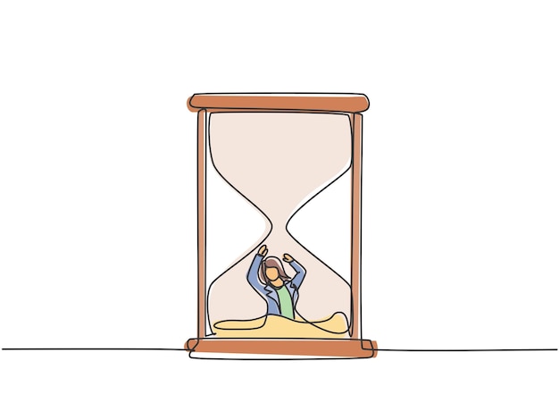 Mujer de negocios de dibujo de línea continua enterrada dentro de un reloj de arena y pidiendo ayuda vector