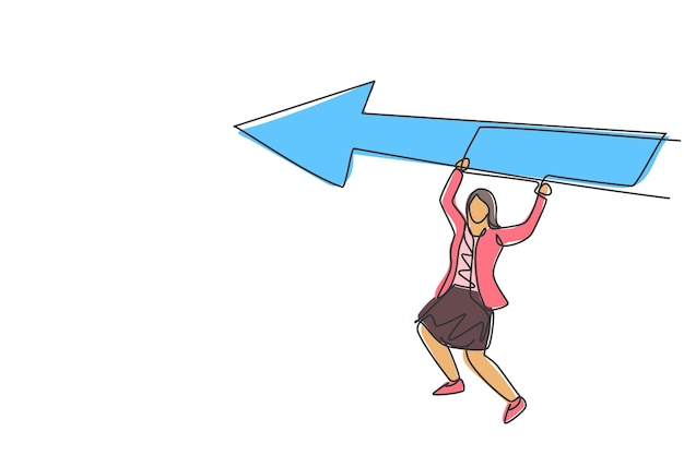 Mujer de negocios de dibujo de línea continua única colgando de un signo de flecha hacia arriba vector de desafío profesional