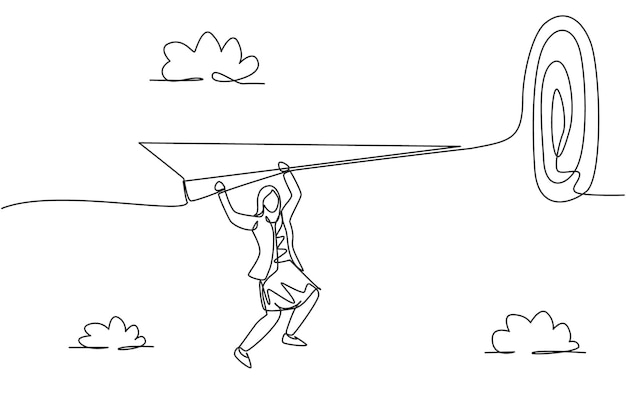 Mujer de negocios de dibujo de una sola línea colgada en un avión de papel para alcanzar el objetivo de negocio vector objetivo