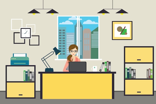Mujer de negocios de dibujos animados que trabaja en casa o en una oficina moderna diseño de interiores con muebles de vector plano