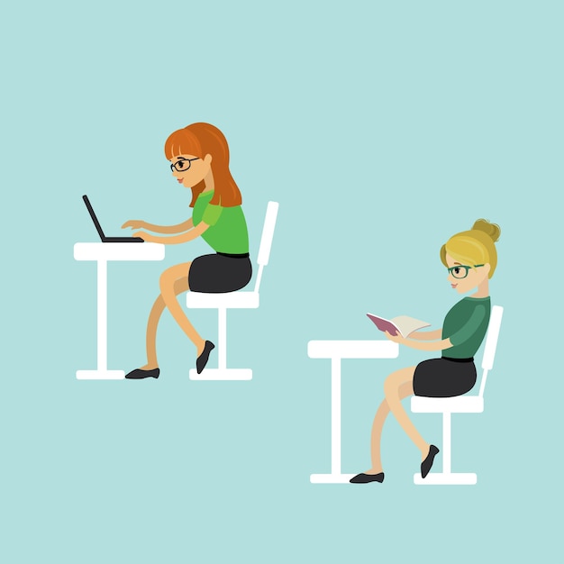 Mujer de negocios de dibujos animados sentada en la mesa ilustración vectorial