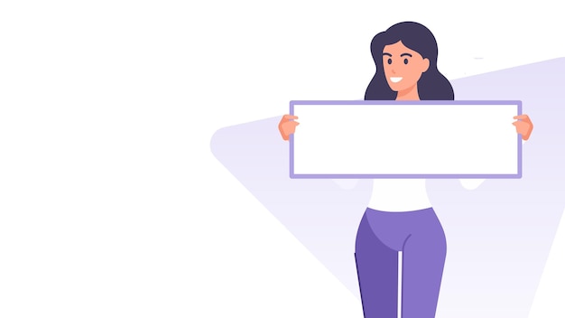 Mujer de negocios de dibujos animados con tablero en blanco espacio de copia de publicidad plantilla de diseño de banner vector plano